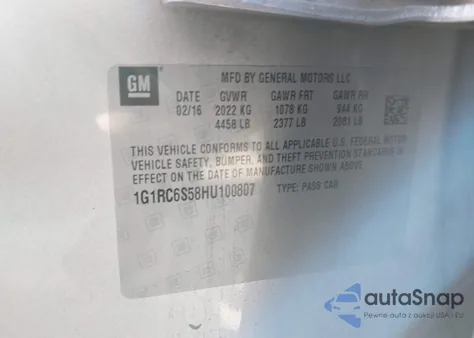 2017 Chevrolet Volt Lt z USA, uszkodzony, nr VIN 1G1RC6S58HU100807